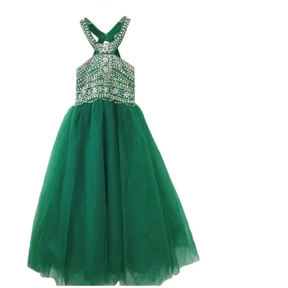 Full Length Formal Dress Green Size 4 Beaded Sequin Tulle Cutout Dress